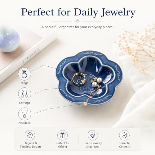 Blue Flower Ceramic Jewelry Dish Tray, Blue Wabi-Sabi Flower Trinket Tray, Glazed Ring Holder Organizer for Earrings Necklace Keys, Minimalist Vanity Decor Catchall Dish, Gift for Women - Image 5
