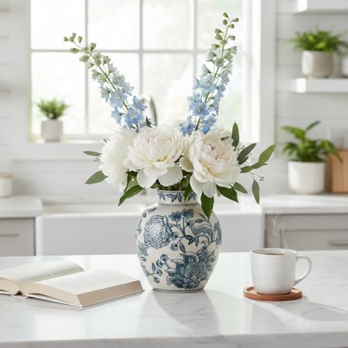 SIDUCAL Ceramic Chinoiserie Floral Vase | 6.3 Inch Blue and White Vintage | Retro Ice Cracked Blue and White Porcelain Vase for Table, Living Room, Bathroom Decoration, Shelf Decor, Mantel - Image 5