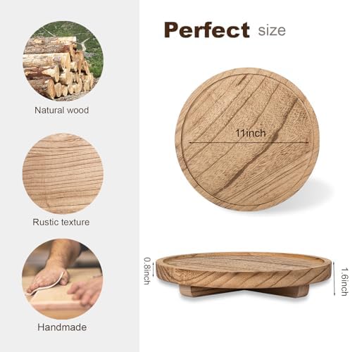Round Decorative Tray Wood Bathroom Counter Organizer Farmhouse Kitchen Decor Wooden Riser for Soap Dish, Perfume, Candle, Sponge, 11" - Brown - Image 3