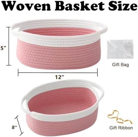 Woven Rope Basket - Baby Gift Basket with Bag & Ribbon, White&Pink - Image 2