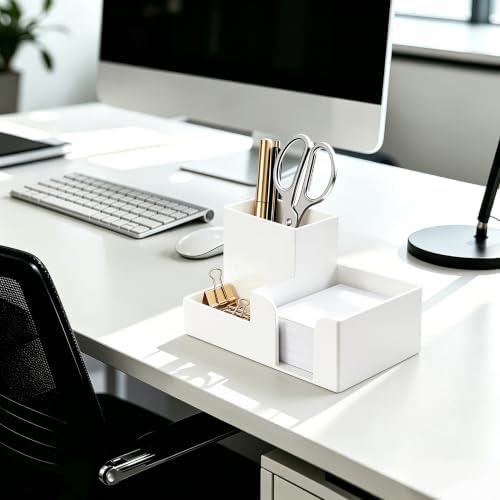 HBlife Acrylic Pen Holder for Desk, 3-Compartment Small Desk Organizer, White Office Supplies Desk Accessories with Sticky Notes Holder Stores Post It Notes 3X3 for Office, Home and School - Image 2