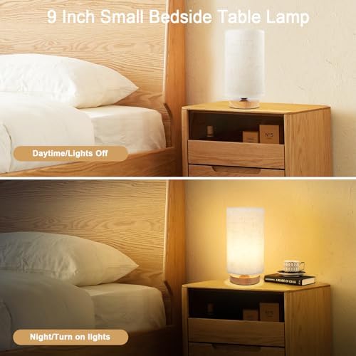 Small Bedside Table Lamp for Bedroom set of 2,Minimalist Wood Base & Round Fabric Shade,Mini Cute Cozy Warm Nightstand Boho Lamp set, Study Desk Night Stand Light for Room, Dorm,Nursery,Living Room - Image 5