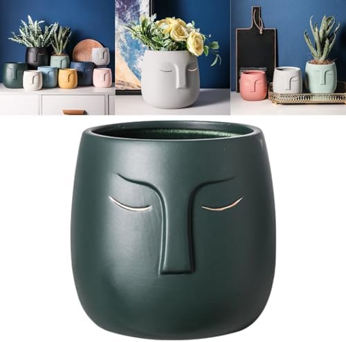 Face Planter (Forest Green, Small, with Hole, Without Tray) - Ceramic Plant Pot for Succulents, Flowers, and Small Plants - Nordic Minimalist Vase for Indoor and Outdoor Home Decor by Boxonly