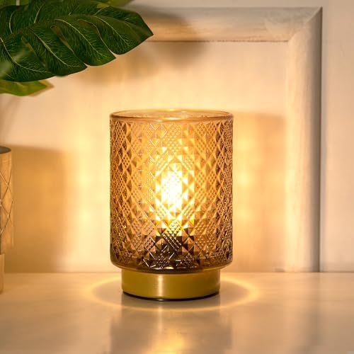 LUSHARBOR Battery Operated Lamp with Timer, Small Table Lamp Bedside Decor Ambient Light, Glass Cordless Battery Lamp for Bookshelf Living Room Entryway Diamond Design-Amber by LUSHARBOR