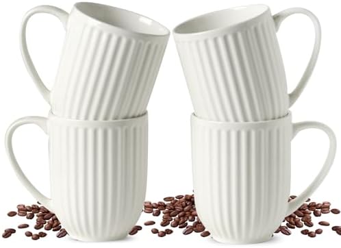 HASENSE Textured Large Coffee Mugs Set of 4, 16 Oz Ribbed Ceramic Cups with Large Handle for Latte Tea Cappuccino, Stackable Embossed Mug Set for Mom Dad, Microwave Dishwasher Safe, Creamy White by Hasense