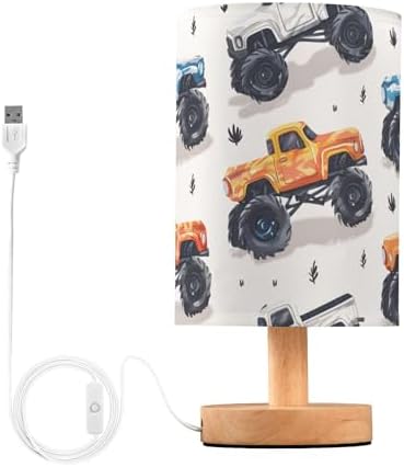 Bedside Lamp Monster Trucks White Lamp for Girls Boys Bedroom, Table Lamp with USB Port, Kids Nightstand Lamp Wood Base Room Desk Lamp (LED Bulb Included) by ALAZA
