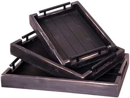 3Pc Rustic Black Vintage Nested Wood Serving Trays, Decorative - Image 5