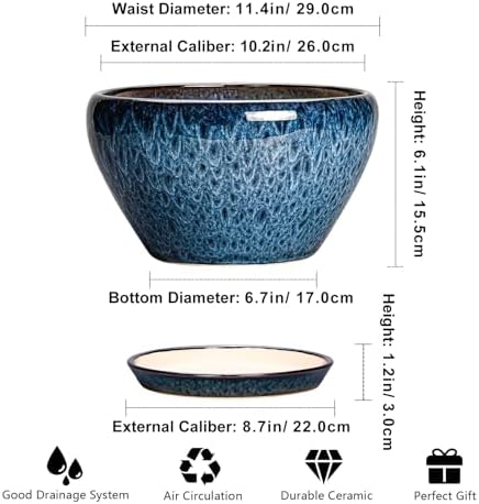 Ceramicfor Ceramic Planter 11 Inch - Ceramic Pots for Plants Indoor Outdoor, Large Plant Pot with Drainage Hole and Saucer, Decorative Round Planter, Plant Lover Gifts, Garden Decor, Blue - Image 2