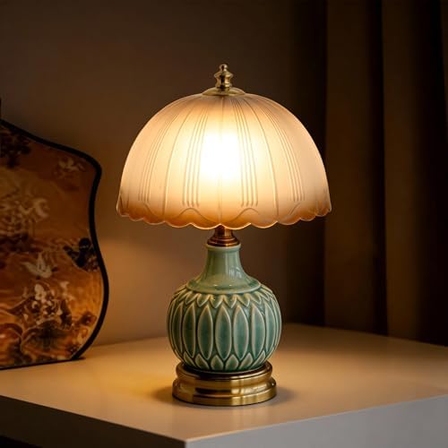 Vintage Green Ceramic Small Table Lamp with Amber Glass Shade by URLIGHTS