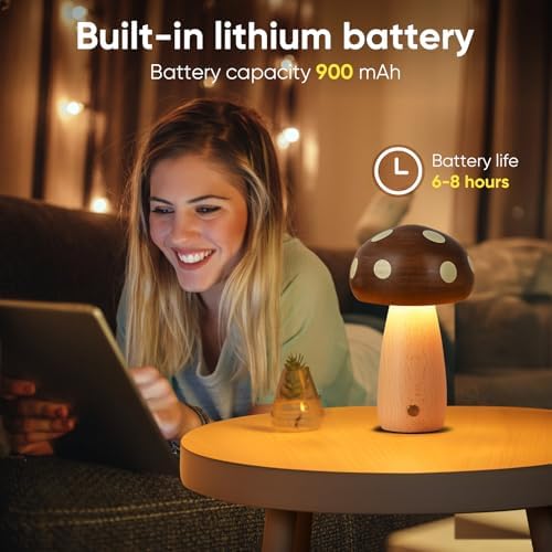 LONRISWAY 2 Pack LED Wood Mushroom Table Lamp, Rechargeable Cordless Touch Bedside Small Lamps, Wireless Stepless Dimming Night Light, Portable Battery Lamp for Bedroom Nightstand for Birthday Gifts - Image 5