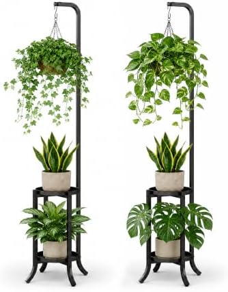 Bamworld Tall Plant Shelf Outdoor Space-Saving Metal Plant Holder Black(2PCS) by Bamworld