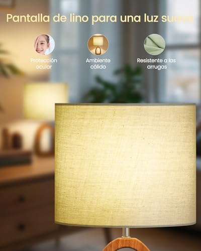 Green Table Lamp, 14.2" Small Bedside Lamp with Green Linen Lampshade & Dark Wood Base, Modern Nightstand Lamp for Bedroom, Kids Room, Living Room, Corner, E26 Socket, LJ07TL05 - Image 4
