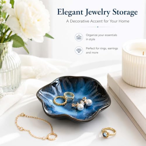 Lotus Leaf Shape Jewelry Dish Tray,Ceramic Blue Trinket Tray(Blue) - Image 6