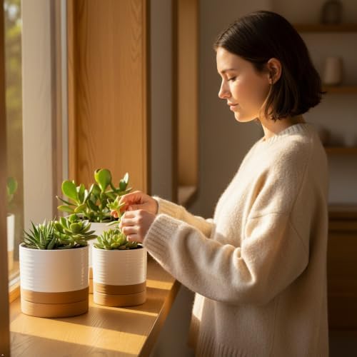 HASENSE Small Plant Pots, 4.6 Inch Ceramic Flower Pots with Two-Tone Glaze Design, Indoor Outdoor Planter with Drainage Hole and Saucer, Cute Tabletop Decor, 4 Pack, White-Brown - Image 2