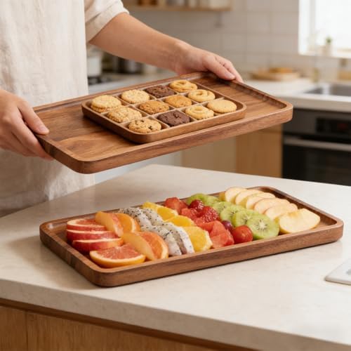VERTORGAN 2 Pack Acacia Wood Serving Tray,13.8x7.9 Inch Trays,Home Decor - Image 2