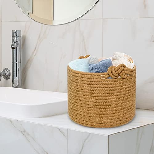 ABenkle Small Woven Basket, Cotton Rope Shelf Storage Basket, Small Round Basket, Cute Basket, Decorative Round Bin for Nursery Bedroom Bathroom, 9.4" x 9.4"x 7.1" Empty Gift Basket- Brown - Image 6