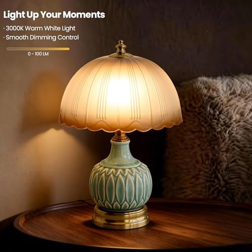 Vintage Green Ceramic Small Table Lamp with Amber Glass Shade - Image 3