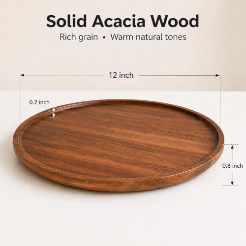 Multi-Purpose Acacia Wood Round Serving Tray for Ottoman Living Room Decor - Image 3