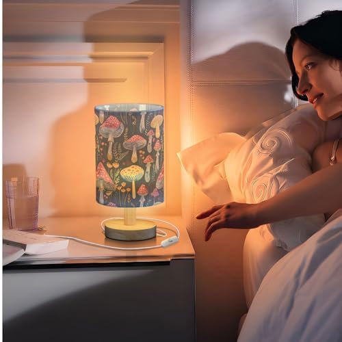 Fustylead Red Boho Mushrooms Navy Blue Table Lamp for Bedroom USB Port Lamps Small Accent Table Lamp Nightstand Lamp Sturdy Linen Shade Wooden Base Decorative Lamps for Bedside Reading|Kids|Dorm|Home - Image 7