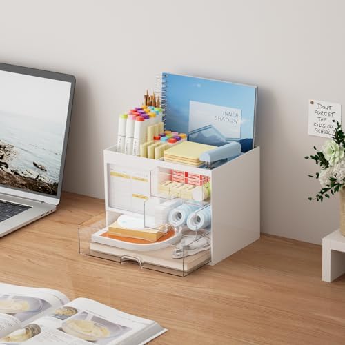 Marbrasse Desk Organizer with 3 Drawer, Multi-Functional Pencil Pen Holder for Desk, Desk Organizers and Accessories with 4 Compartments, Desktop Organizer Storage for Office Home Art Supplies (White) - Image 5