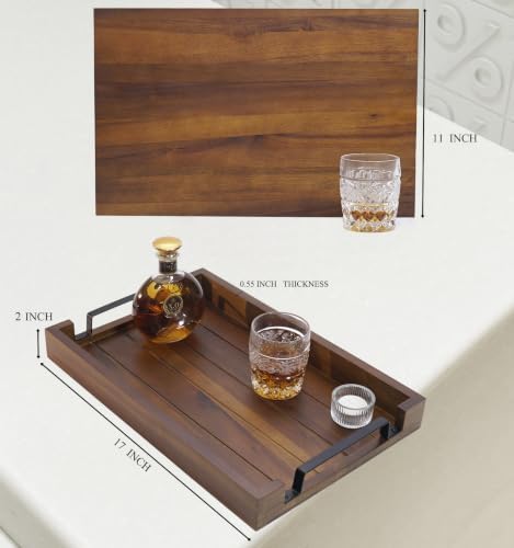 17" x 11" x 2" Acacia Wood Serving Tray with Black Iron Handle - Image 2
