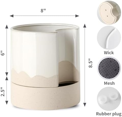 Nihow Ceramic Self Watering Plant Pot for Indoor Plants,8 Inch,White & Wave - Image 2