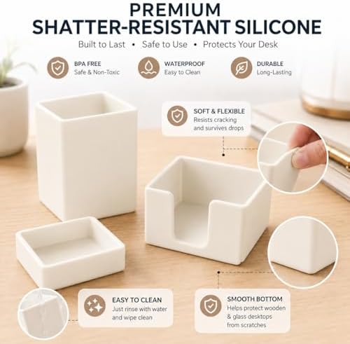minimaliving Aesthetic Silicone Desk Organizer Set of 3,Modern Office Desk Accessories with Pen Holder,Paperclip Tray,Sticky Note Holder,Stylish Functional Office Desk Decor for Back-to-school(Beige) - Image 6