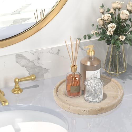 Travertine Tray, Small Ceramic Vanity Tray for Bathroom Counter Decor, Round Marble Decorative Trays for Coffee Table (Beige, Large Size) - Image 3