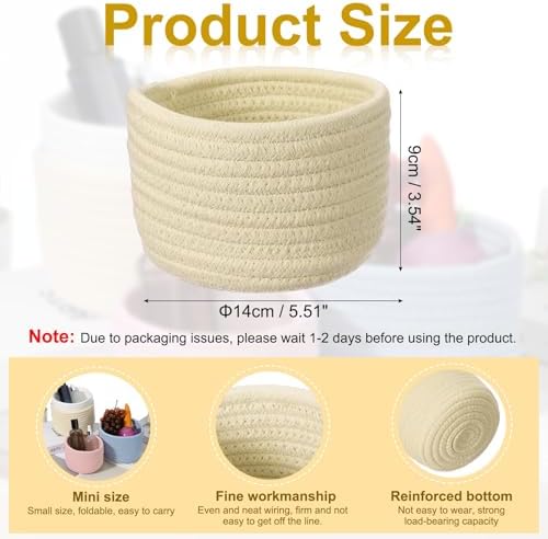 uxcell Khaki Small Cotton Rope Woven Storage Basket, Shelf Closet Storage Gift Woven Baskets Cute Nursery Box Bin Decor Organization Bin for Home Supply, Round, 5.6x3.6 - Image 2