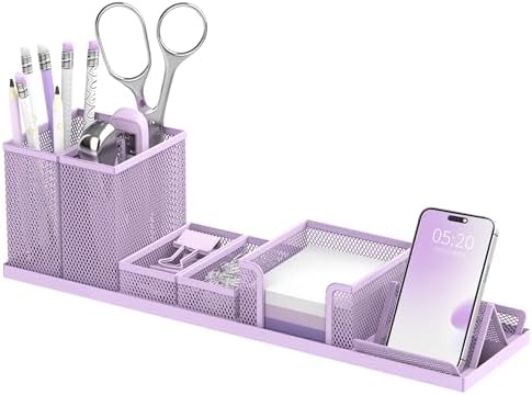 Pen Holder for Desk, 6-Piece Mesh Desk Organizer with Phone Holder, Purple by SUPEASY