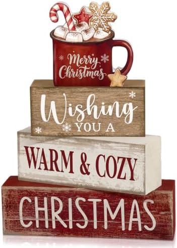 Moucuny 4 Pcs Christmas Coffee Table Decor for Home Kitchen, Wooden Cocoa by Moucuny