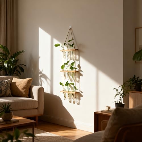 Hyindoor Wall Hanging Propagation Stations 3 Tired Wall Planter Terrarium with Wooden Stand and Glass Test Tubes Plant Hanger Flower Vase for Home Office Wall Decor Hydroponic Cuttings - Image 7