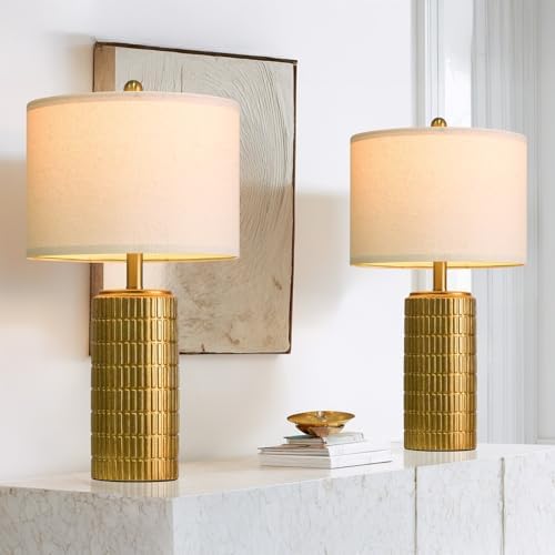 PoKat 23" Brass Gold Ceramic Table Lamps for Living Room, Retro Warm Gold Lamps for Night Stands, Vintage Bronze Decorative Lamps for Bedroom, Antique Gold Brown Nightstand Lamps for Home Decor - Image 6