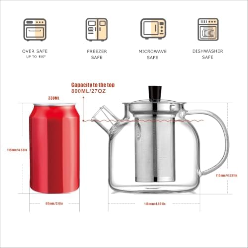 Glass Teapot with Removable Infuser,Ehugos 800ml (27OZ) Stovetop Safe Small Tea Pot, Blooming and Loose Leaf Hand Crafted Kettle for Women and Adult with Stainless Infuser - Image 4