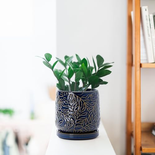 D'vine Dev Embossed Leaves Ceramic Planter, 4 in, Midnight Blue, 27-A-Z-3 - Image 2
