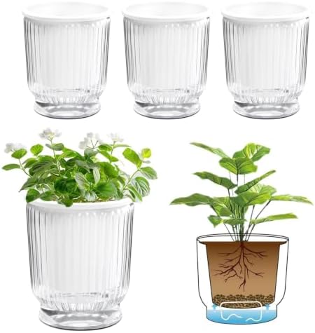 T4U Self Watering Pots for Indoor Plants 4.5 Inch 4 Pack Planter Clear by T4U