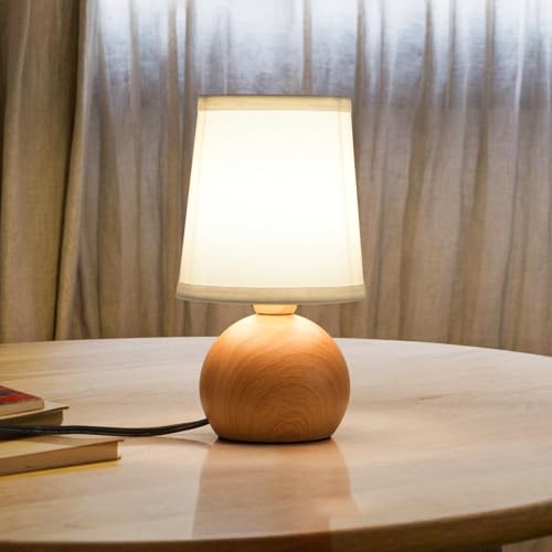 Modern Bedside Table Lamp, Small Bedside Lamp, Nightstand Lamp for Bedroom with Fabric Shade & Wood Finish, Minimalist Table Lamp for Living Room End Table, Kid's Room, Office, Hotel 10.6" by SmeikeLighting