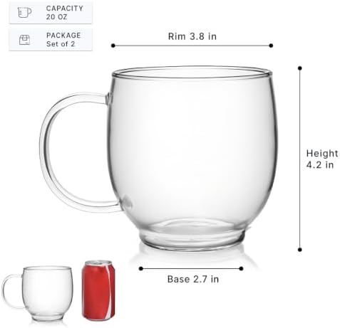 Aquach 20oz Glass Coffee Mugs Set of 2, Clear Borosilicate Tea Cups - Image 3
