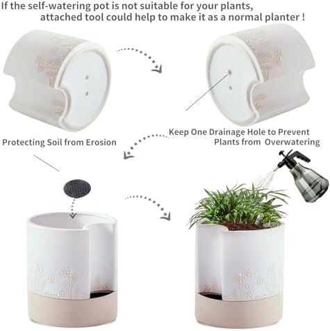 Nihow Self Watering Pots for Indoor Plants,8 Inch,White & Nature - Image 4
