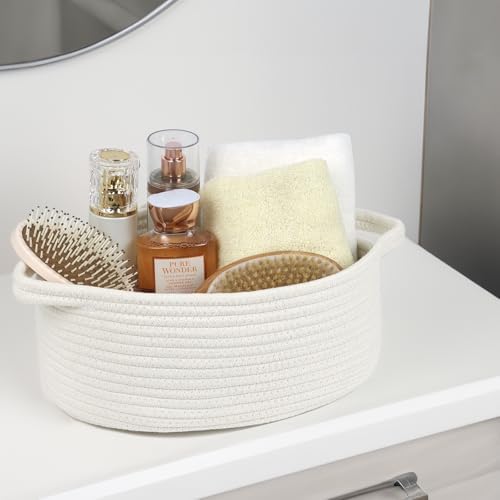 Small Woven Cotton Rope Basket with Handles, White, 12 Inch - Image 2