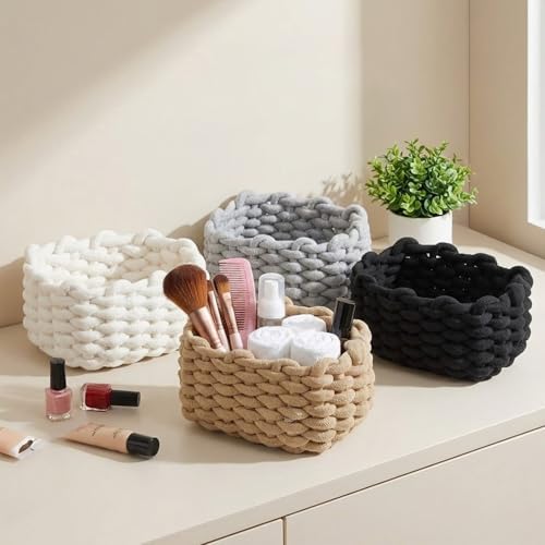 Small Woven Decorative Baskets, 4pcs Mini Cotton Rope Basket Set for Storage, Woven Square Baskets for Organizing, 7.68x6.1x5.51in, White/Light Gray/Light Brown/Black - Image 4