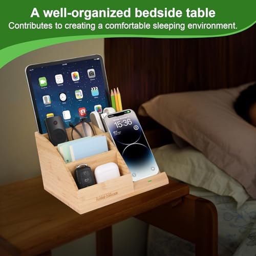Bamboo Pen Holder for Desk & Nightstand Organizer with Fast Wireless Charging for iPhone, Samsung & More – Office Desk Accessories for Men/Women (Natural) - Image 3