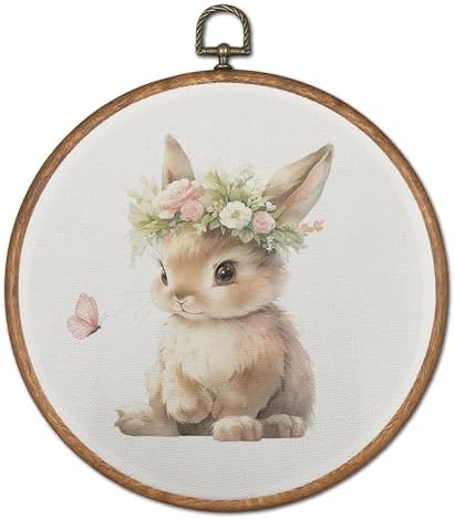 OFJE Cute Easter Bunny Wall Art Decor, Floral Crown Bunny Nursery Round Wall Hanging Decor, Rustic Farmhouse Butterfly Rabbit Framed Canvas Prints for Nursery Home Room Bedroom Decorations, 10x10 Inch by Unknown