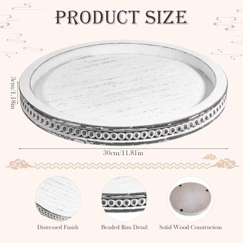 Farmhouse Round Wooden Beaded Tray 12" White Washed Wooden Decorative Tray Round Rustic Wood Decorative Coffee Table Trays for Home Living Room Kitchen Counter - Image 2