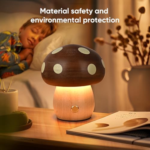 Wood Mushroom Lamp, Rechargeable Small Bedside Lamp for Nursery Bedroom - Image 3