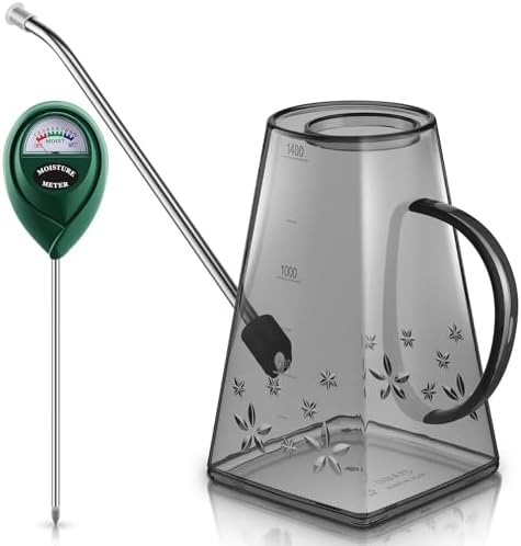 Plants Watering Can for Indoor Plants with Long Stainless Steel Spout & Soil Moisture Meter Long Spout Watering Cans for House Plant, Pot Flower, Succulent, Garden(Gray,1.4 L,Trapezoid) by Ferrochef