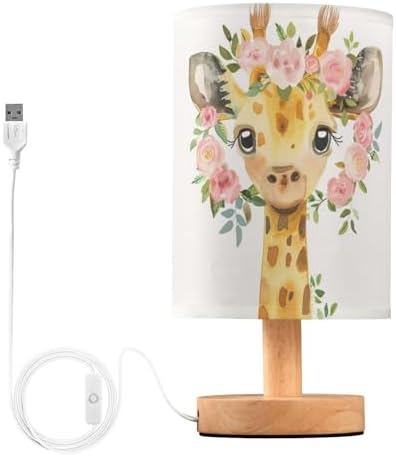Cute Giraffe with Pink Floral Garland Bedside Table Lamps with USB Port for Bedroom Lamp Accent Table Lamp Small Nightstand Lamp Sturdy Linen Shade Wooden Decorative Lamps for Home|Kids|Holiday by Fustylead
