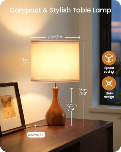 Small Table Lamp, Wood Bedside Lamp with White Linen Lampshade & Dark Wood Base, Mid Century Modern Nightstand Lamp for Bedroom, Living Room, Kid's Room, Dorm Room, E26 Socket, LW09TL05 - Image 6