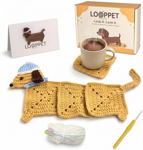 LOOPPET Crochet Kit for Beginners, DIY Dachshund Coaster Set by LOOPPET