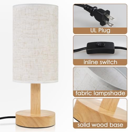 Small Bedside Table Lamp for Bedroom,Natural Round Wood Base&Fabric Linen Shade,Cozy Night Table Light for Study Reading,Minimalist Boho Desk Lamp for Nightstand,Living Room,Nursery,Kitchen,Dorm - Image 6